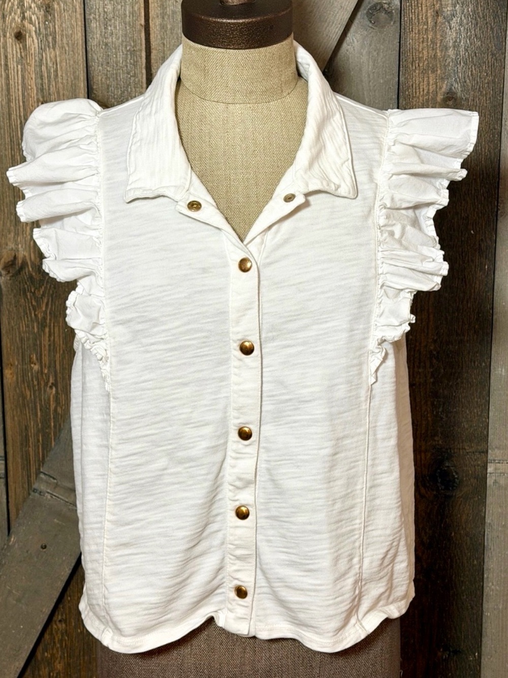 Nation LTD Ruffle Sleeve Cotton Tank Top White Snap Front Boho Coastal Large